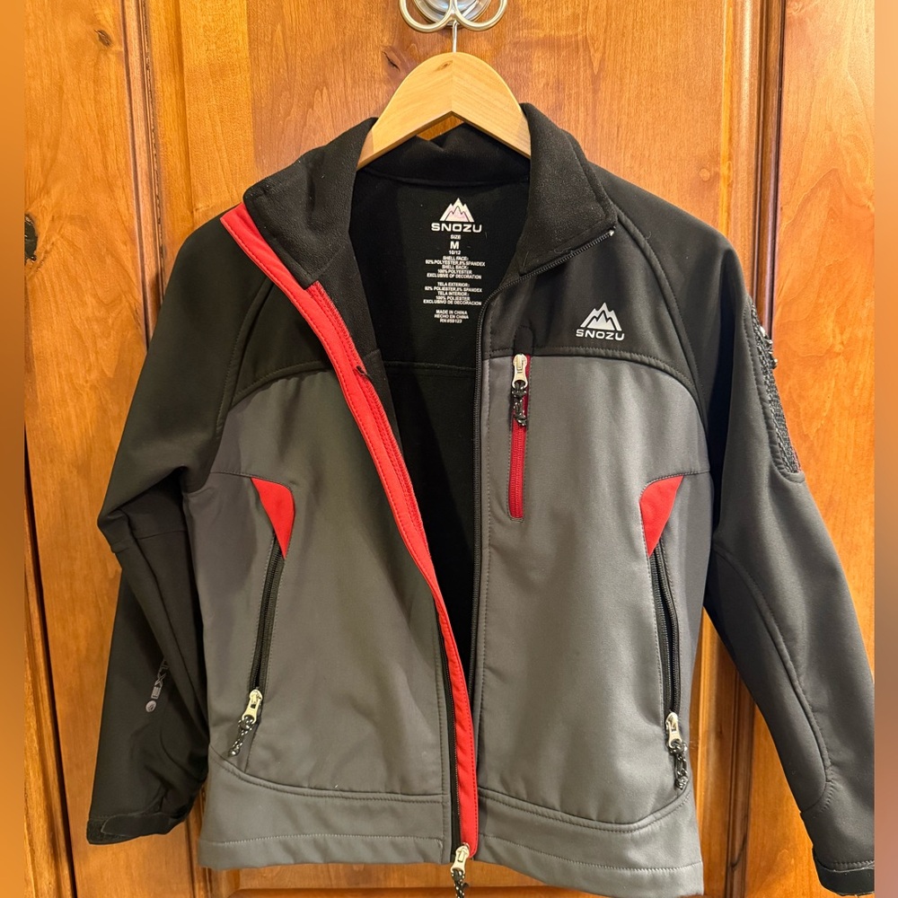 Boys size 10-12 soft shell jacket. Black/Grey Red